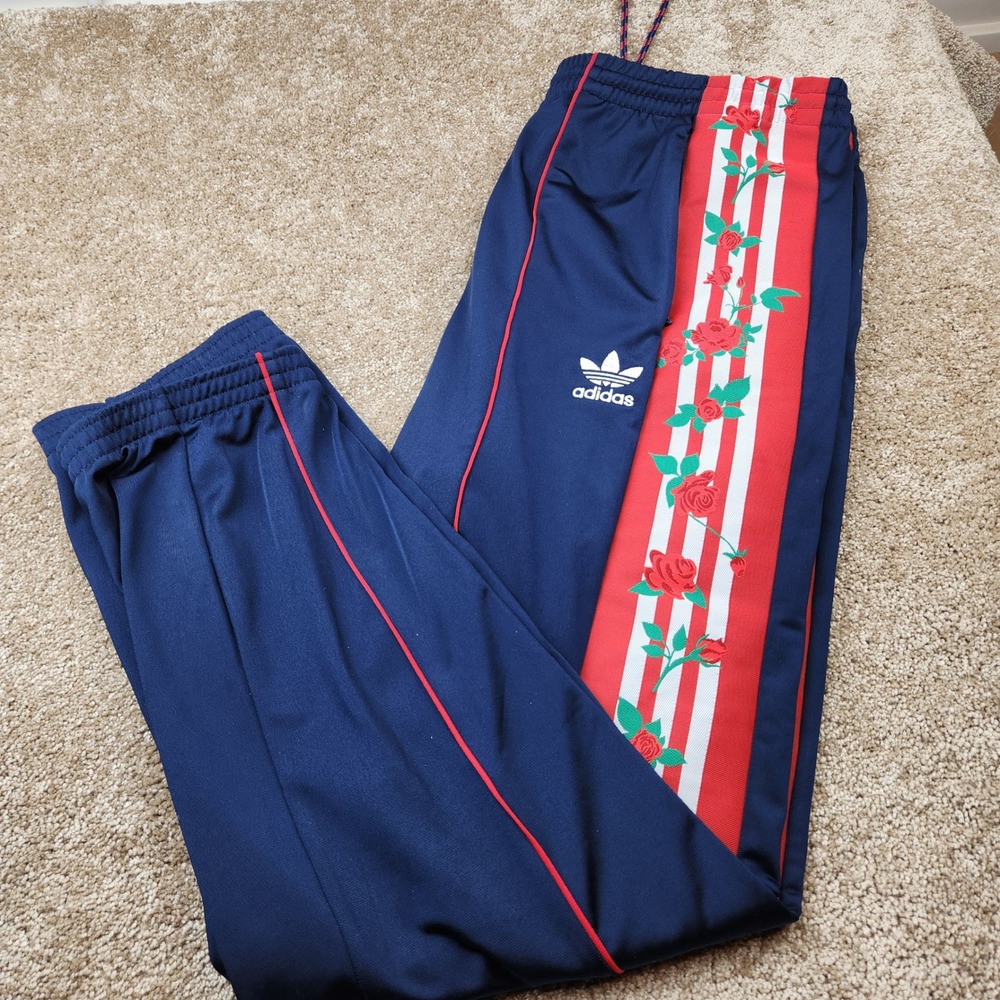 Adidas Originals Mens XL Navy Blue Rose Floral Stripe Track Pants Joggers XL